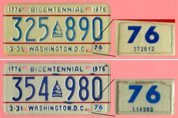 Two 1974 plates mentioned in text with close-up views of stickers.