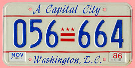 Capital City plate no. 056-664 with Nov. 1986 stickers