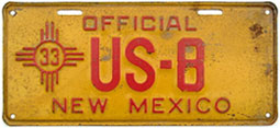 1933 New Mexico license plate for a U.S. Government vehicle