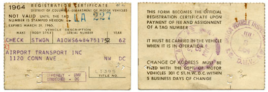 1964 (exp. 3-31-65) Livery registration certificate for plate no. LA-227