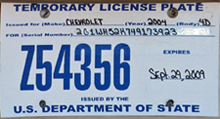 2009 OFM temporary license plate