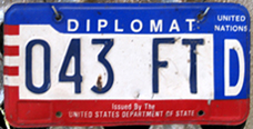 1984 base OFM Diplomat license plate, early embossed style, no. 043 FTD (assigned to the mission of Qatar)