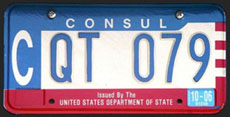 1984 base OFM Consul license plate, early embossed style, no. CQT 079 (assigned to the embassy of New Zealand)