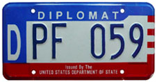 1984 base OFM Diplomat license plate, early embossed style, no. DPF 059 (assigned to the embassy of Bolivia)