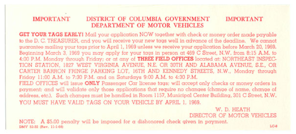 1969 (exp. 3-31-70) registration renewal instruction card