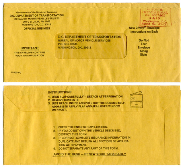 1983 (exp. 1984) registration renewal two-way mailing envelope