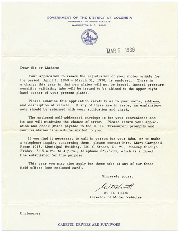 1969 (exp. 3-31-70) registration renewal mailing cover letter