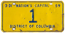 1958 Reserved plate no. 1 was assigned to Robert E. McLaughlin, President of the D.C. Board of Commissioners