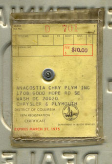 1975 Dealer registration certificate for plate no. D-701 pictured above