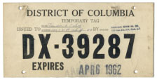 1962 Dealer-Issued Temporary plate no. DX-39287