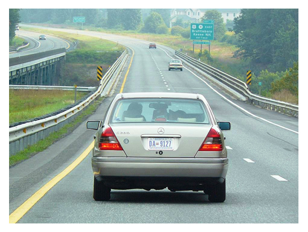 A Mercedes-Benz sedan traveling northbound on I-91 in southeastern Vermont.