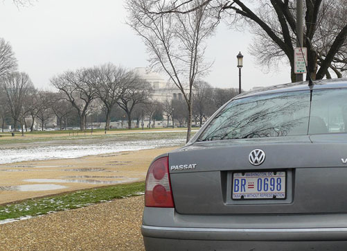 D.C. auto plate no. BR-0698 on a Volkswagen Passat parked on the Mall.