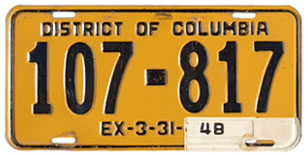 1947 D.C. auto plate no. 107-817, black on yellow