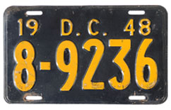 1948 D.C. auto plate no. 8-9236, yellow on black